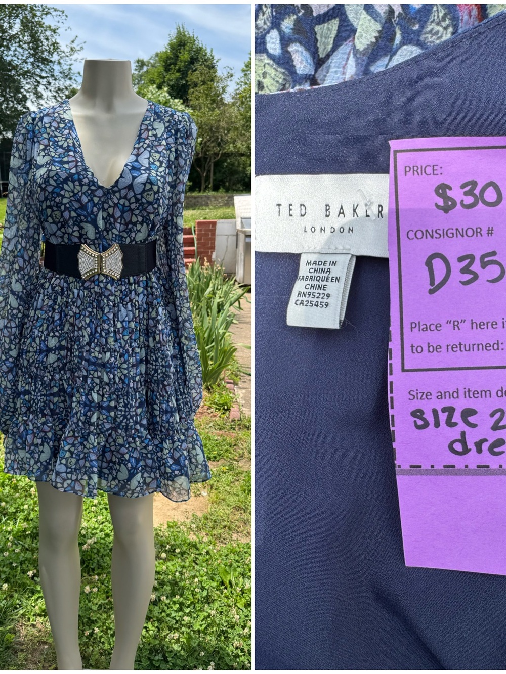 Ted Baker Blue Floral V-Neck Tiered Mini Dress